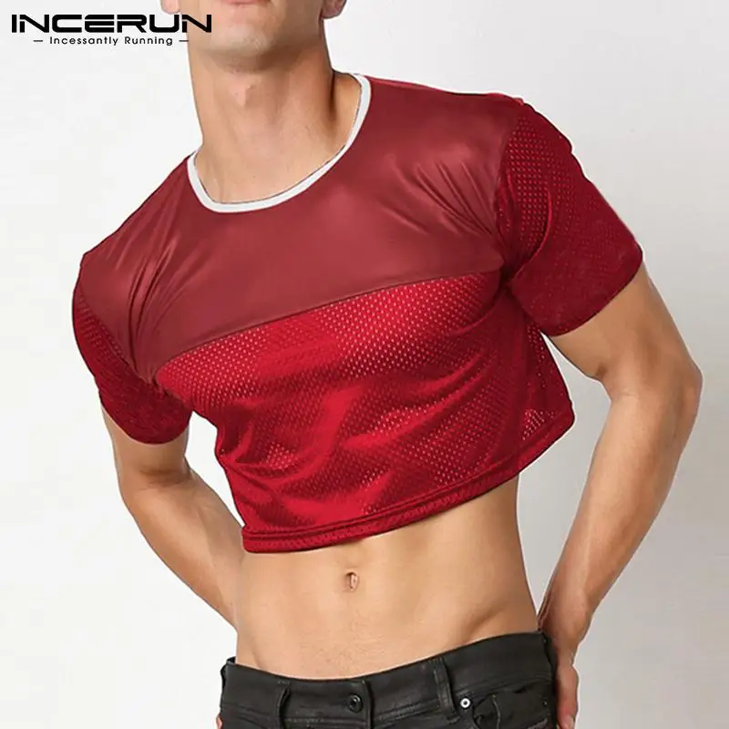 INCERUN 2024 Men Crop Tops Patchwork O-neck Short Sleeve T Shirts Streetwear See Through Sexy Party Fashion Men Clothing S-5XL