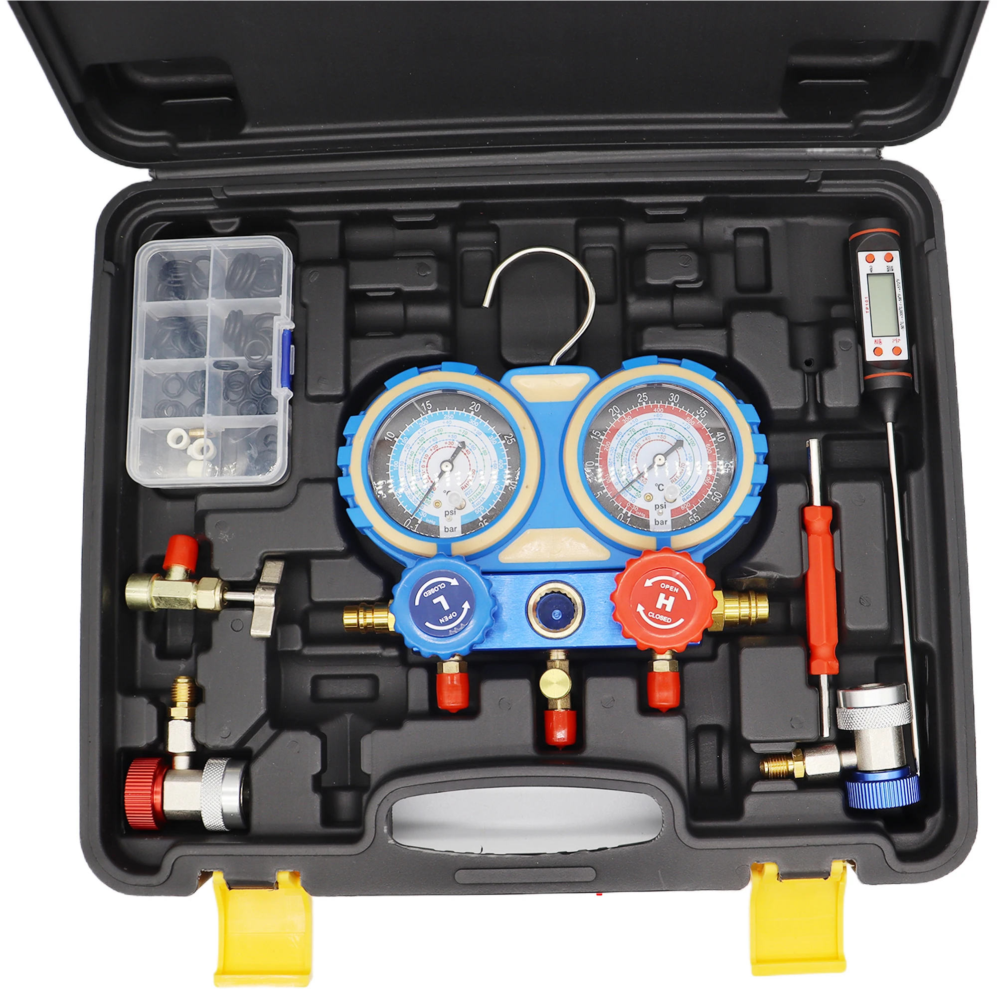 R134 R22 R404A r410a Double Valve Pressure Gauge Car Air Conditioning Refrigerant Freon Seal Rings Diagnostic Repairing Tool Kit