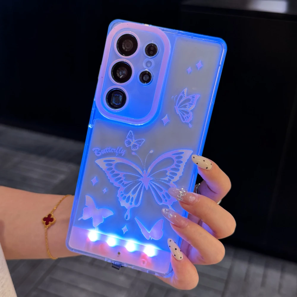 Change Color Luminous Call Light Up Flash Butterfly Phone Case for Samsung S 24 25 26 Ultra Plus A 35 36 55 56 Shockproof Cover