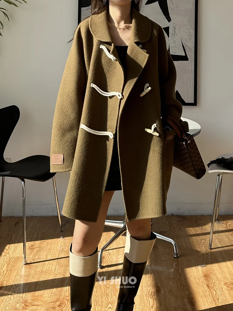 

RosEvans Double-sided Winter Coat Women Beige White Lamb Wool Horn Buckle Fashion Wool Short Woolen Coat Women 2023 New