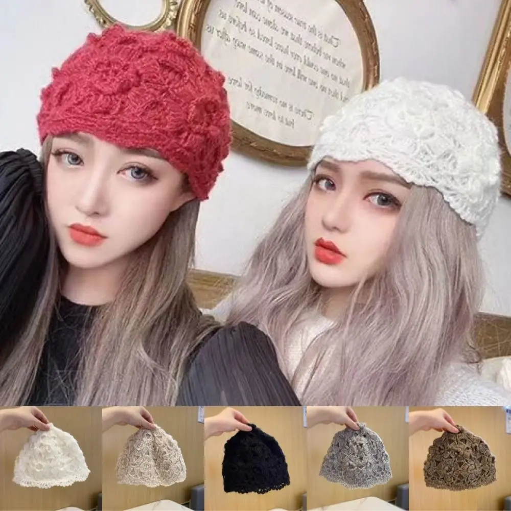 Fashion Double-layer Hooked Flower Toe Cap Handmade Retro Knitted Hat Gauze Towel Breathable Woolen Hat Head