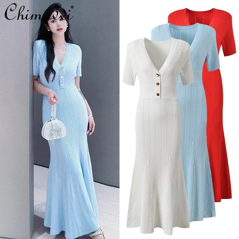 

Solid Color Fashion V-neck Short-sleeved Fishtail Knitted Slim-fitting and Thin Hip-wrapped Dress for Women