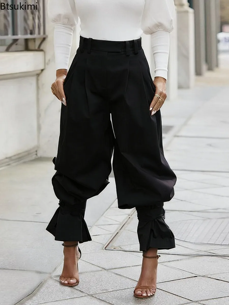 Women High Waist Ruched Lantern Pants Loose Wide Leg Trouser Ruffle Hem Cuffed Ankle Casual Streetwear Fashion Daily Summer Wear