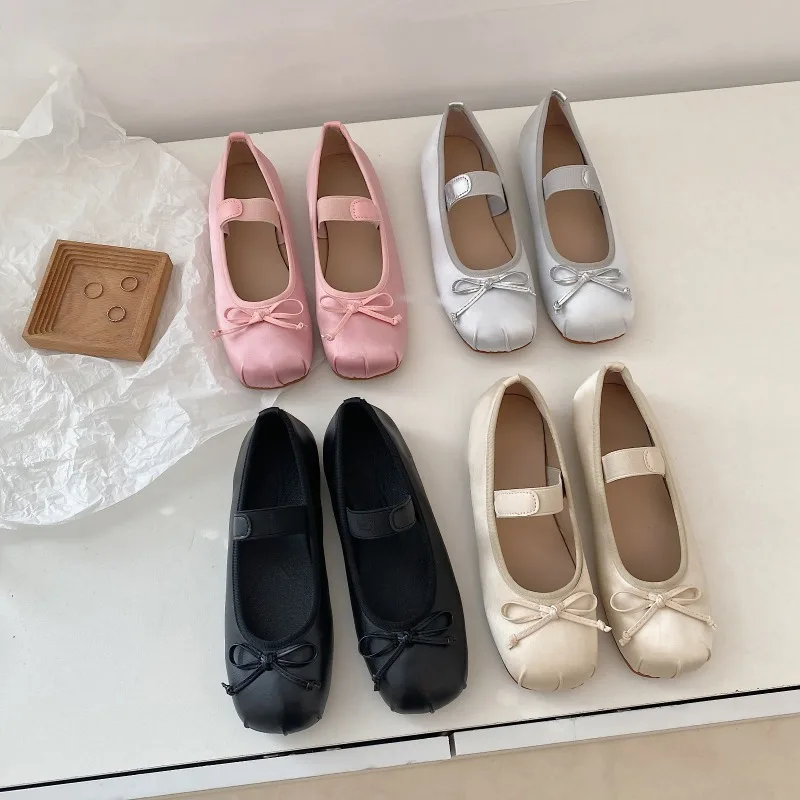 

Luxury Satin Silk Ballet Shoes Woman Classic Square Toe Bowtie Elastic Band Ballerina Flats Ladies Soft Loafers
