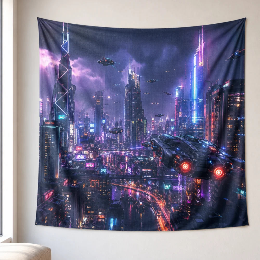 Purple Neon Cyber Urban Aircraft Tapestry 150X100CM Suitable for Gaming Room Trendy Cool Personalized Wall Background Fabric