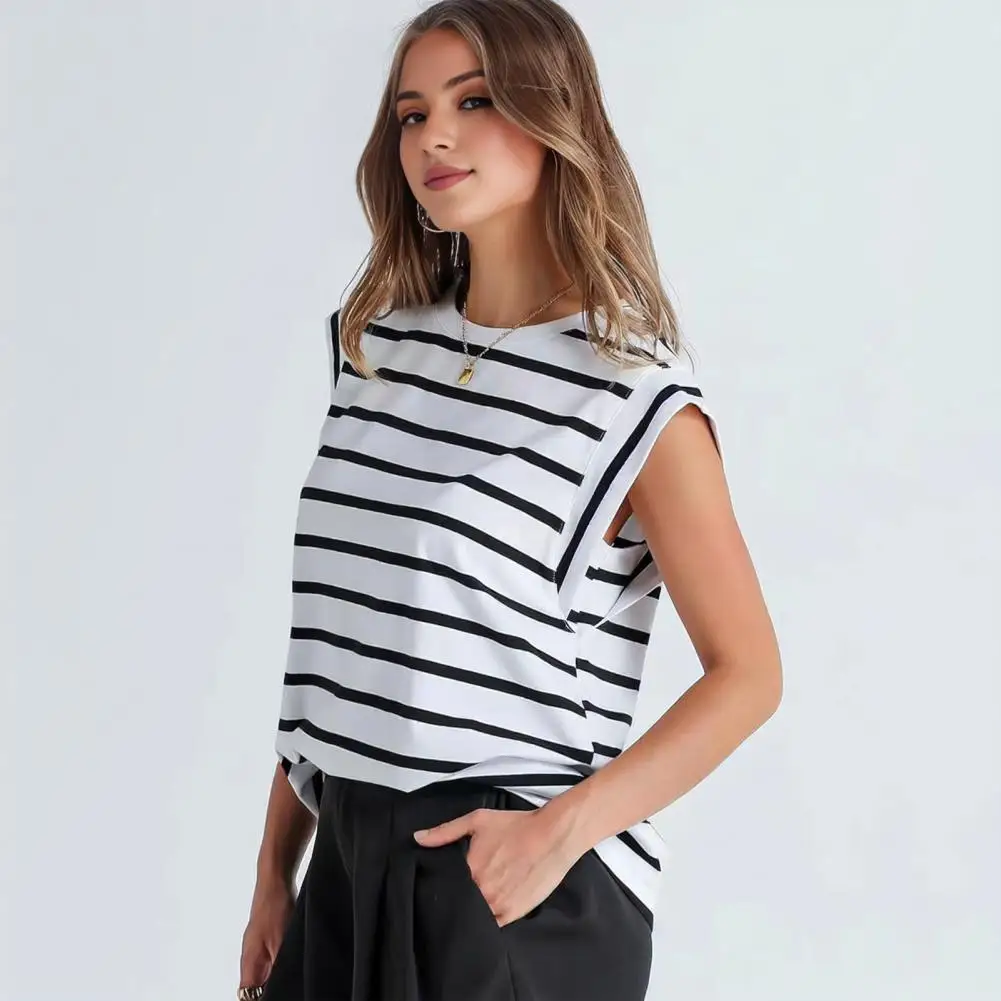 Short Sleeve Vest Striped Color Block Tank Top for Women Loose Fit O-neck Tee Shirt with Raglan Sleeves Summer Streetwear Vest