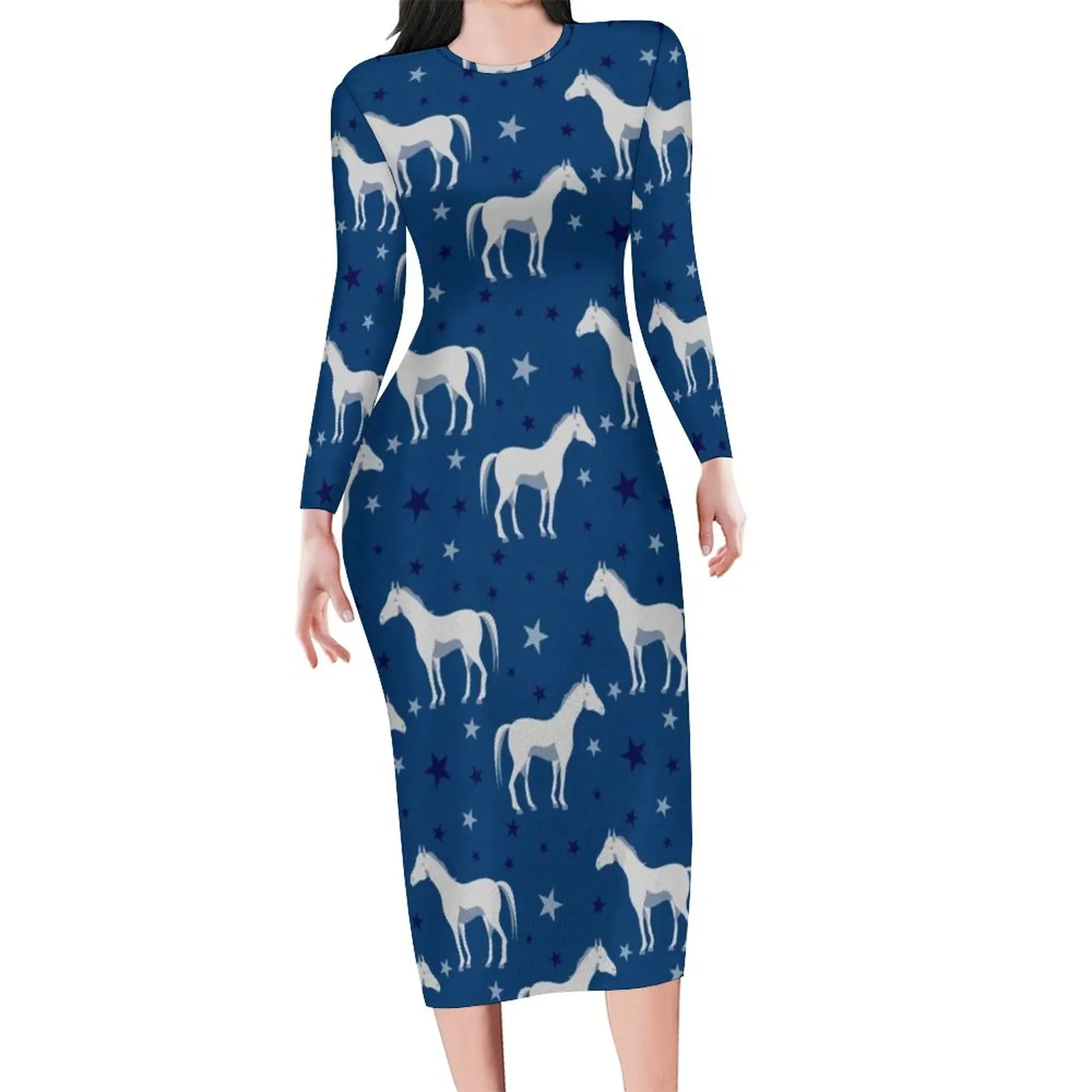 White Horse Stars Dress Women Horses Trendy Blue Star Print Street Fashion Bodycon Dress Autumn Retro Dresses Oversized Clothes