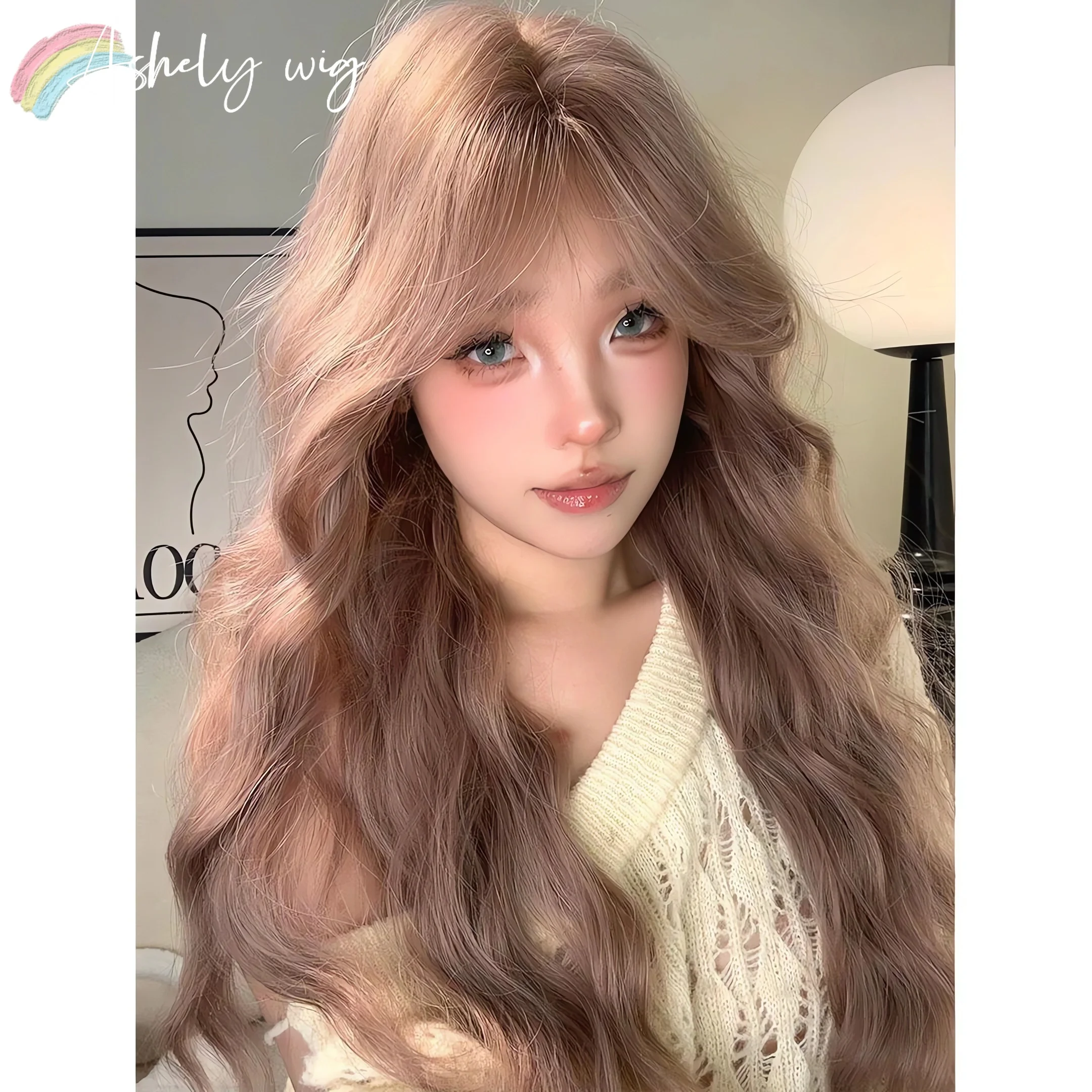 Pink Brown Wig Long Wavy Wigs Fujiwara Mozi Rose Whispering Net Red Sweet Atmosphere Feeling Wig Female Synthetic Headband Wigs