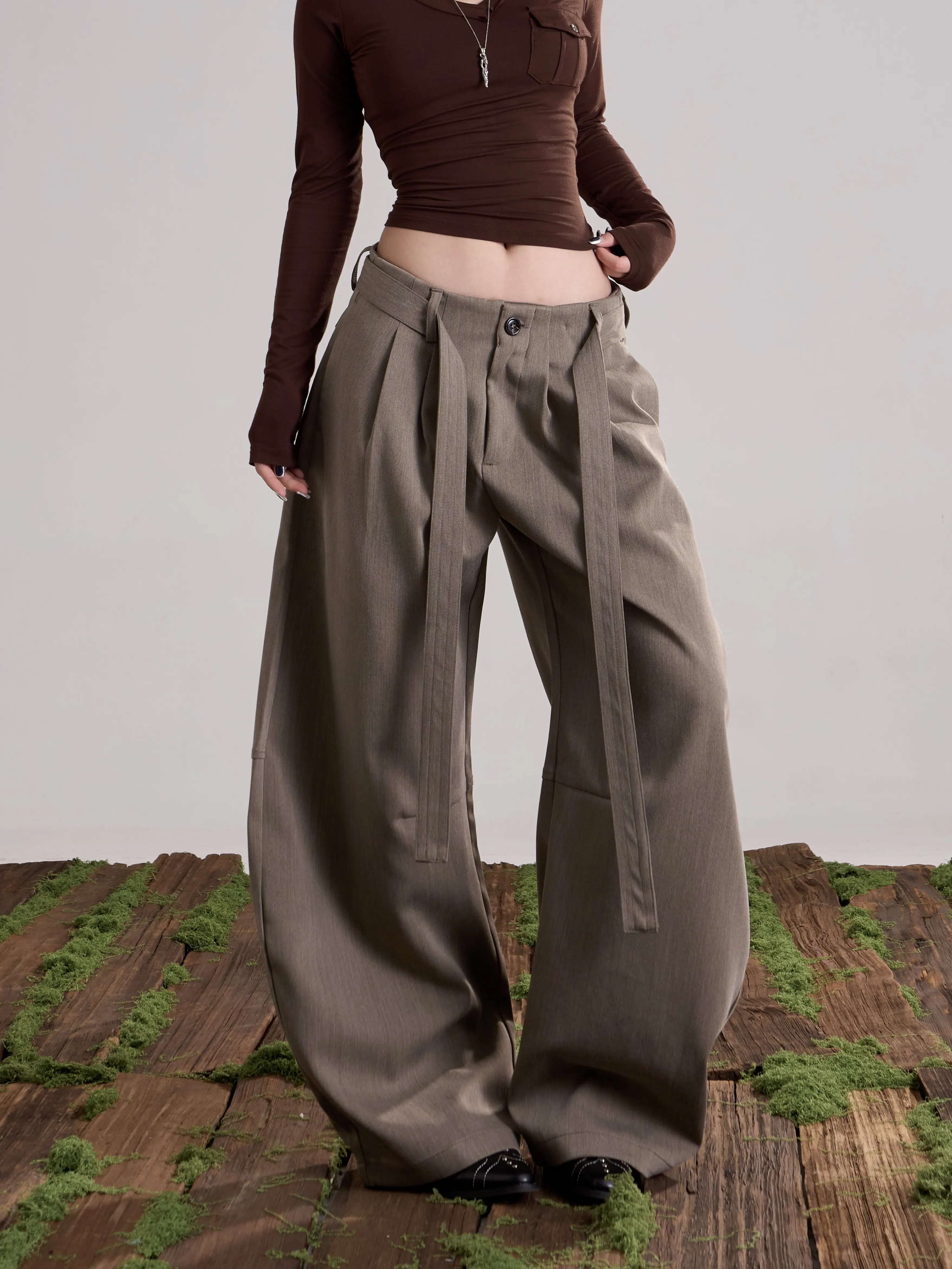 Women Low‑Rise Barrel‑Leg Pants Draped Wide Leg Straight Long Trousers Loose Slim Fit Office Commute Casual Suit Pants