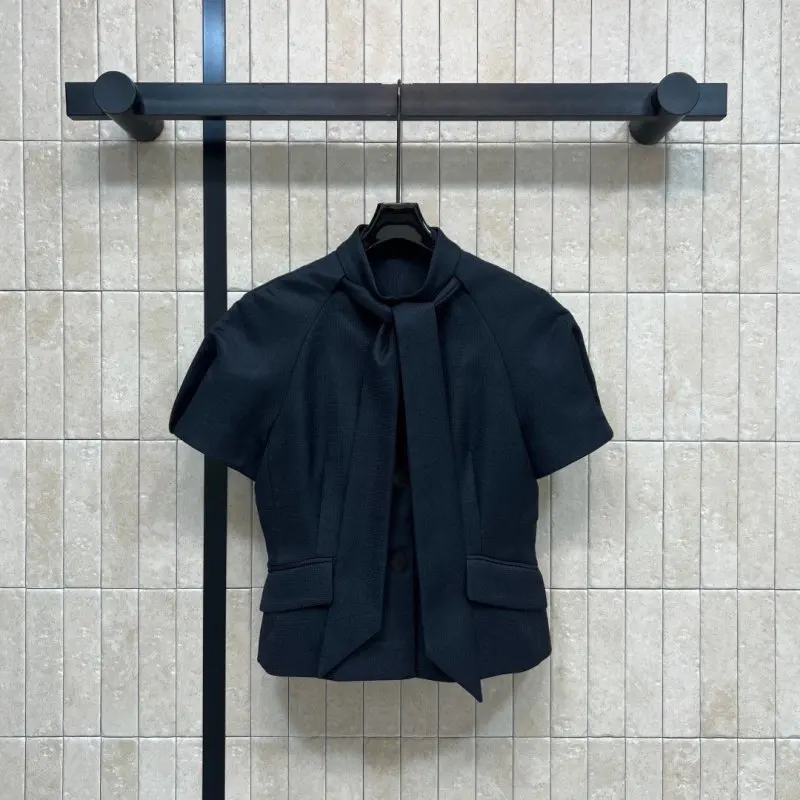 

Новая женская черная блузка 2026 года с воротником-стойкой, завязками на талии, пышными короткими рукавами, элегантный повседневный топ для офиса