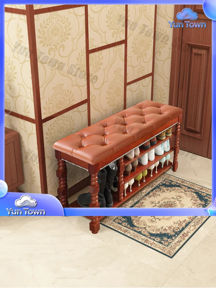 Solid Wood Shoe Bench for Home Entryway with Roman Column Design Soft Padded Seat Multi Tier Shoe Rack for Shoes Storage