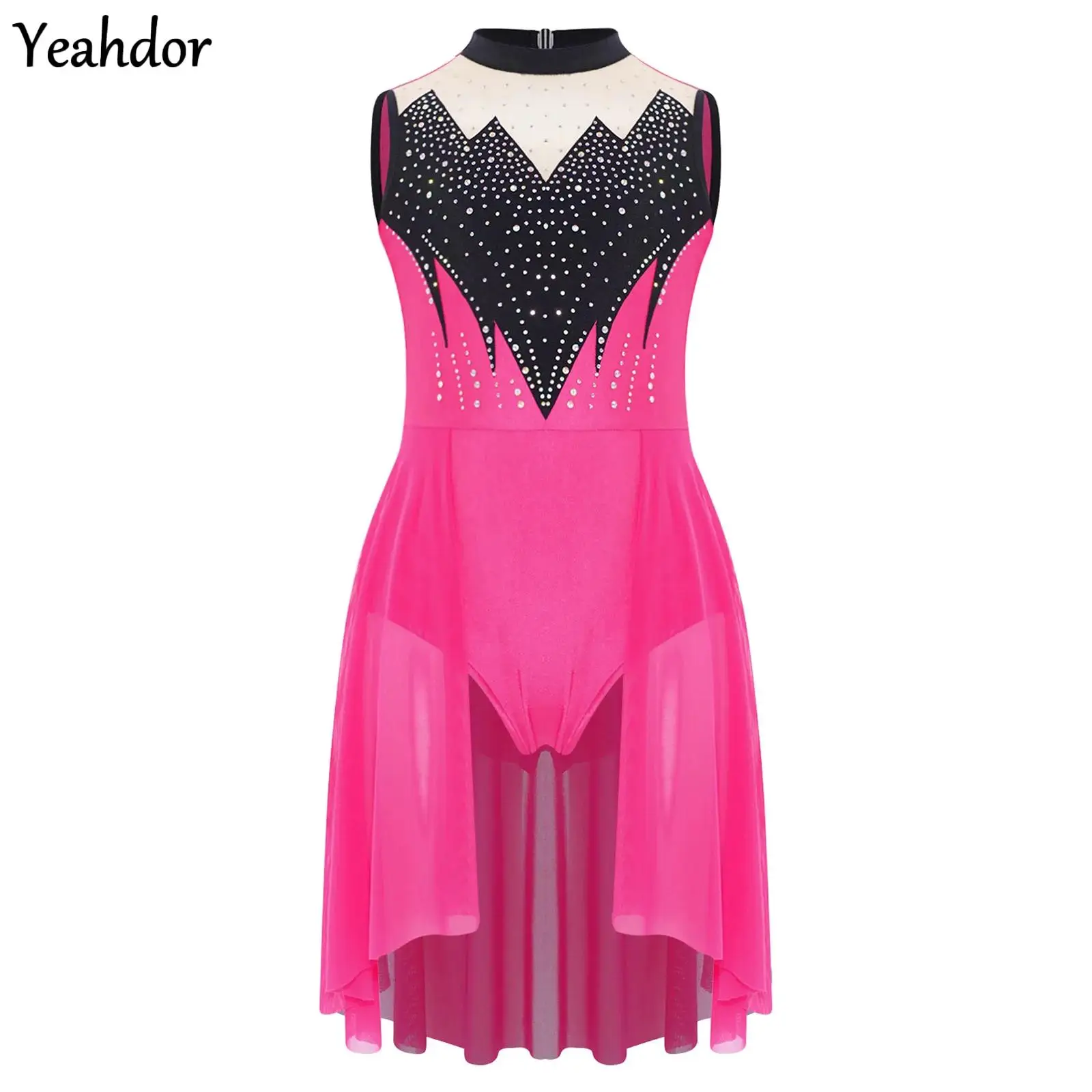

Kids Girls Lyrical Dance Leotard Dress Gymnastics Figure Skating Ballet Dance Costume Rhinestones Sleeveless Waist Mesh Jumpsuit