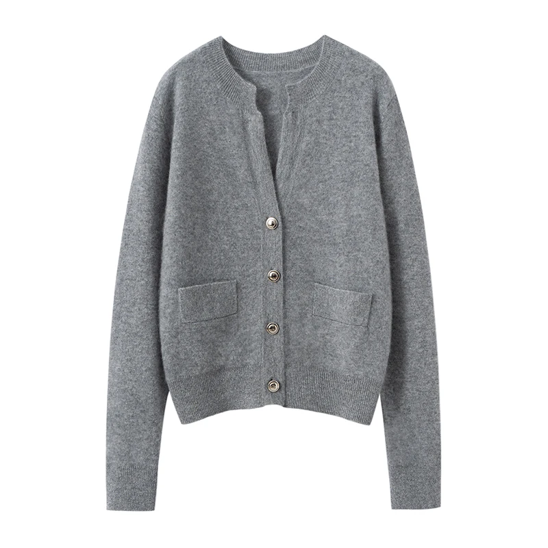 

2025 New Chic Long Sleeve Solid Cardigan Women Sweater 100% Pure Cashmere Tops O-Neck Casual Spring Autumn Winter Knitwear