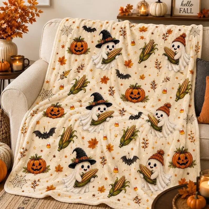Halloween Ghost Corn Blanket, Cute Fall Throw Blanket, Pumpkin Harvest Blanket, Cozy Spooky Season Decor, Halloween Gift