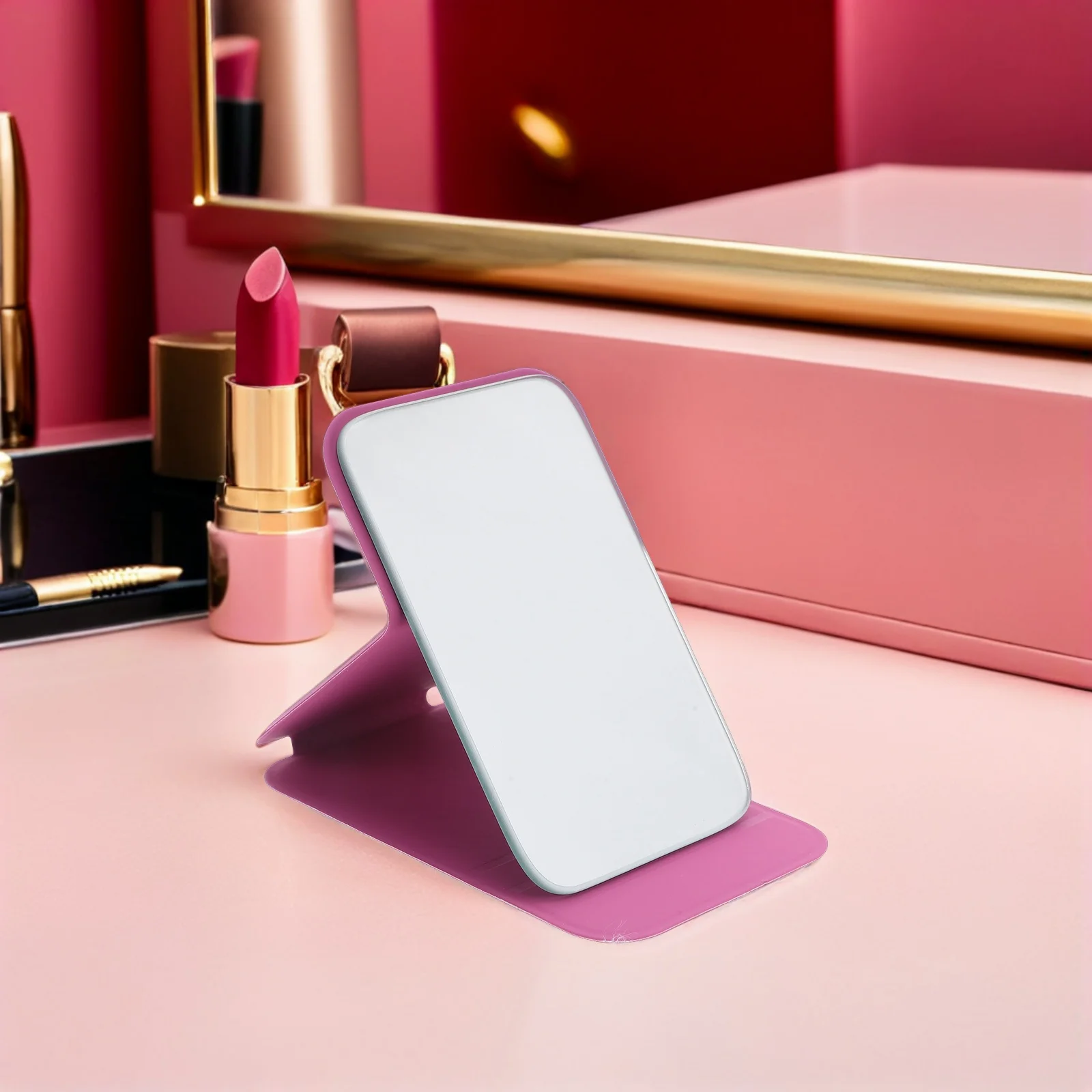 Espelho de maquiagem dobrável portátil, 4 unidades, estrutura pu, alta definição, compacto, mesa de viagem, espelho de vaidade, suporte de mesa, espelhos portáteis