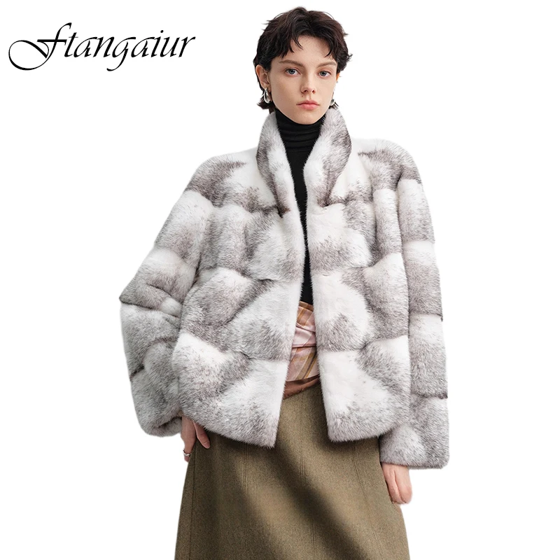 

Зимнее импортное пальто из вельвета и меха норки Ftangaiur, с воротником-стойкой, короткое, женское, из натурального меха норки, с круглым вырезом