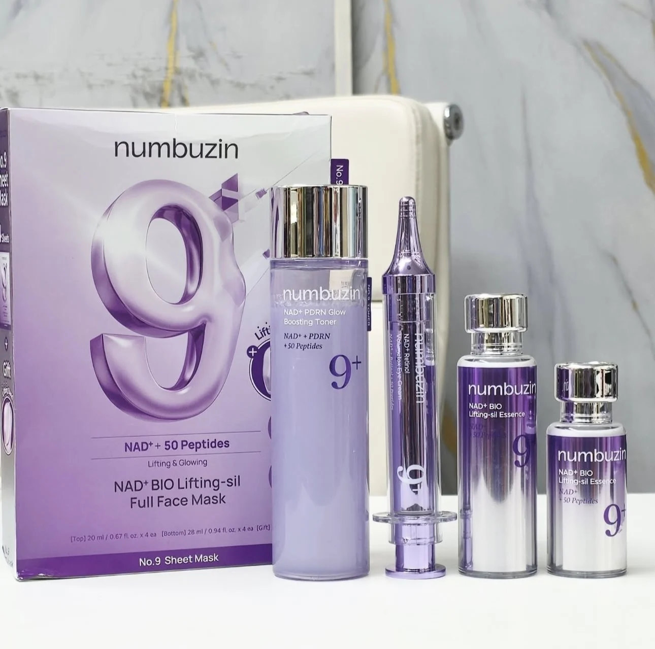 Coleção Facial Numbuzin No 9+ Coreana: Máscara Tônica NAD+ PDRN Glow Boost, Essência Concentrada de Glutationa e Vitaminas 5+, Sérum Bifida 3+