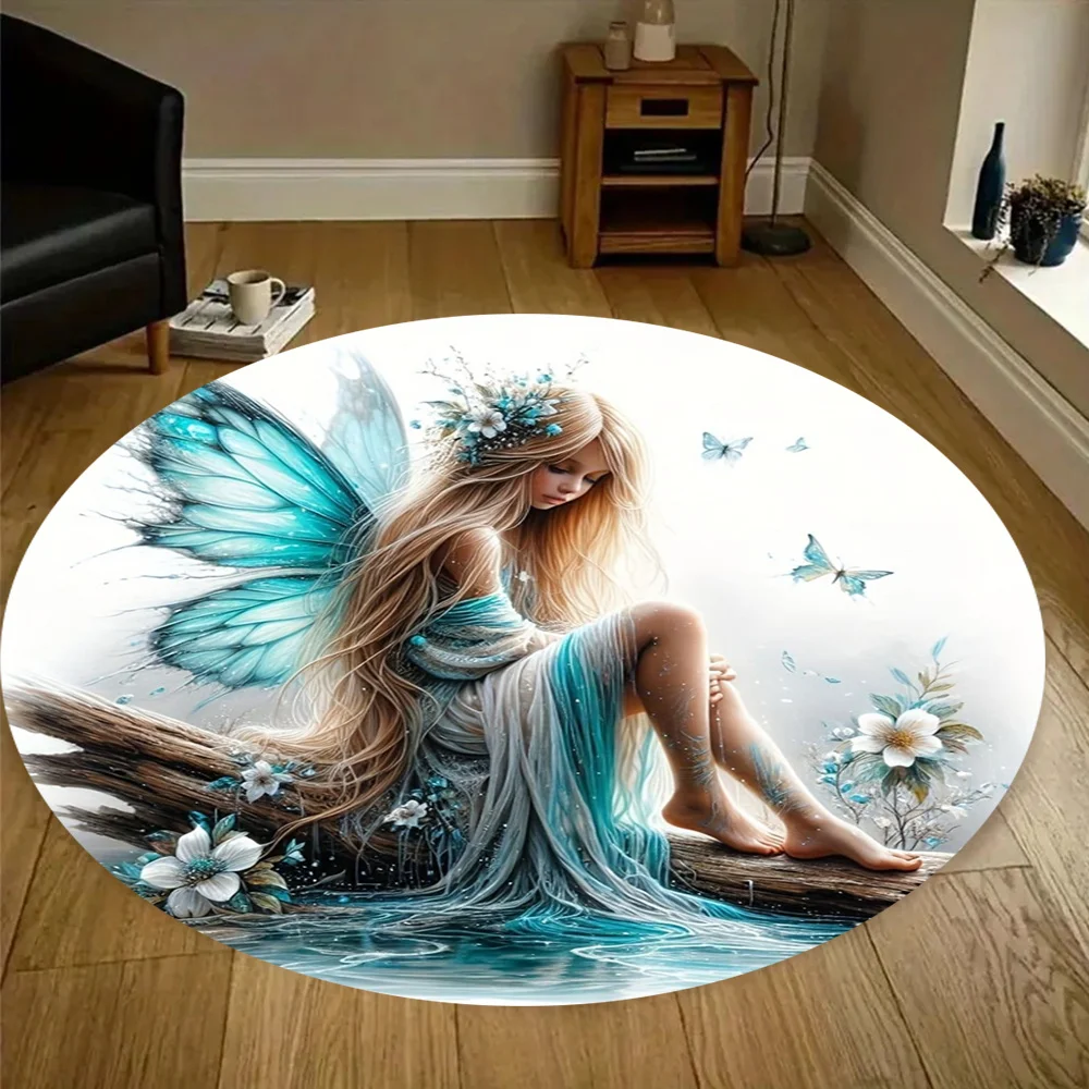 Fairy Princess Round Rug Flannel Fantasy Art Design Living Room Bedroom Decor Floor Mat Magical Forest Theme Home Decoration