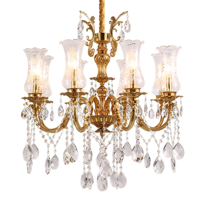 

DINGFAN European Full Copper Chandelier French Luxury Crystal Villa Living Dining Bedroom Creative Decorative Pendent Light