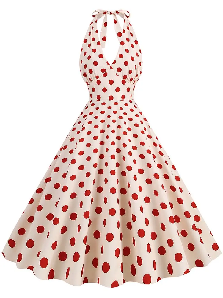 Sexy Halter Deep V-neck Retro Vintage Women Summer Dress Polka Dot Large Swing High Waist Party Dresses