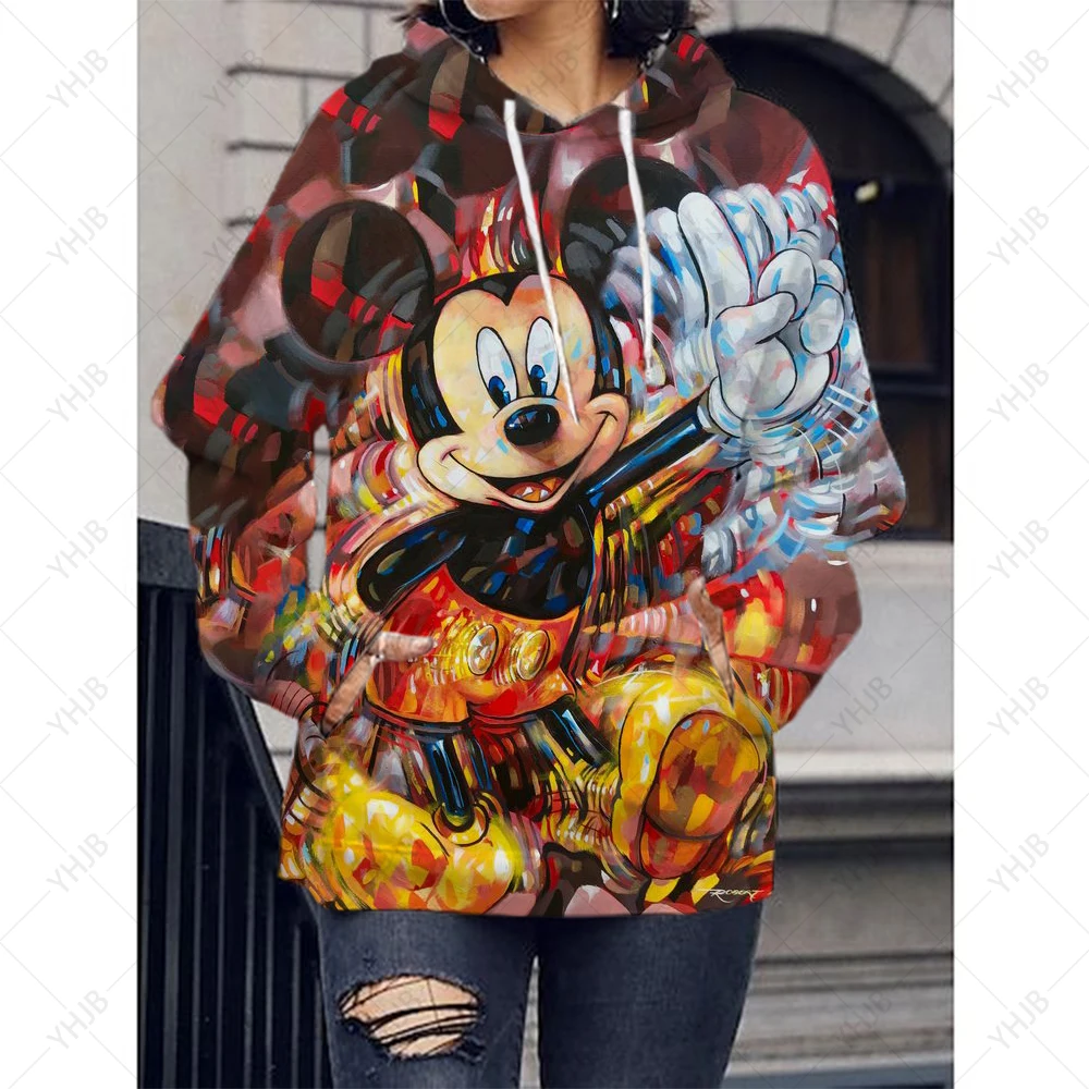 2024 Women's Fashion Casual Hoodie Fall New Disney Mickey and Minnie Print Crew Neck Long Sleeve Ladies Pullover