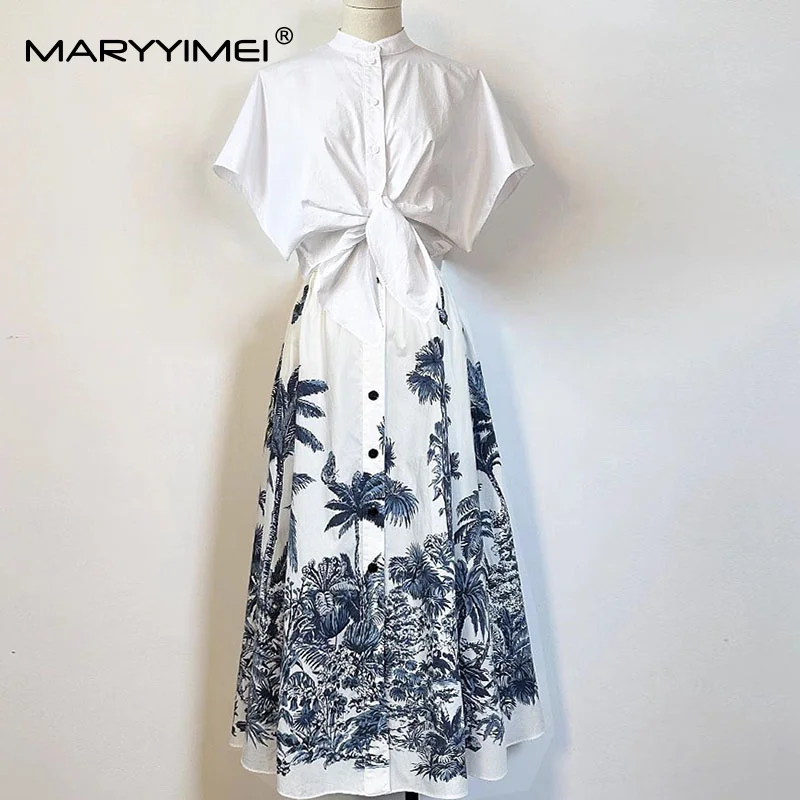 

MARYYIMEI Spring Summer New Beach Vacation Suit Stand collar Single-Breasted Solid Top+Casual Print Skirt Cotton 2-piece set