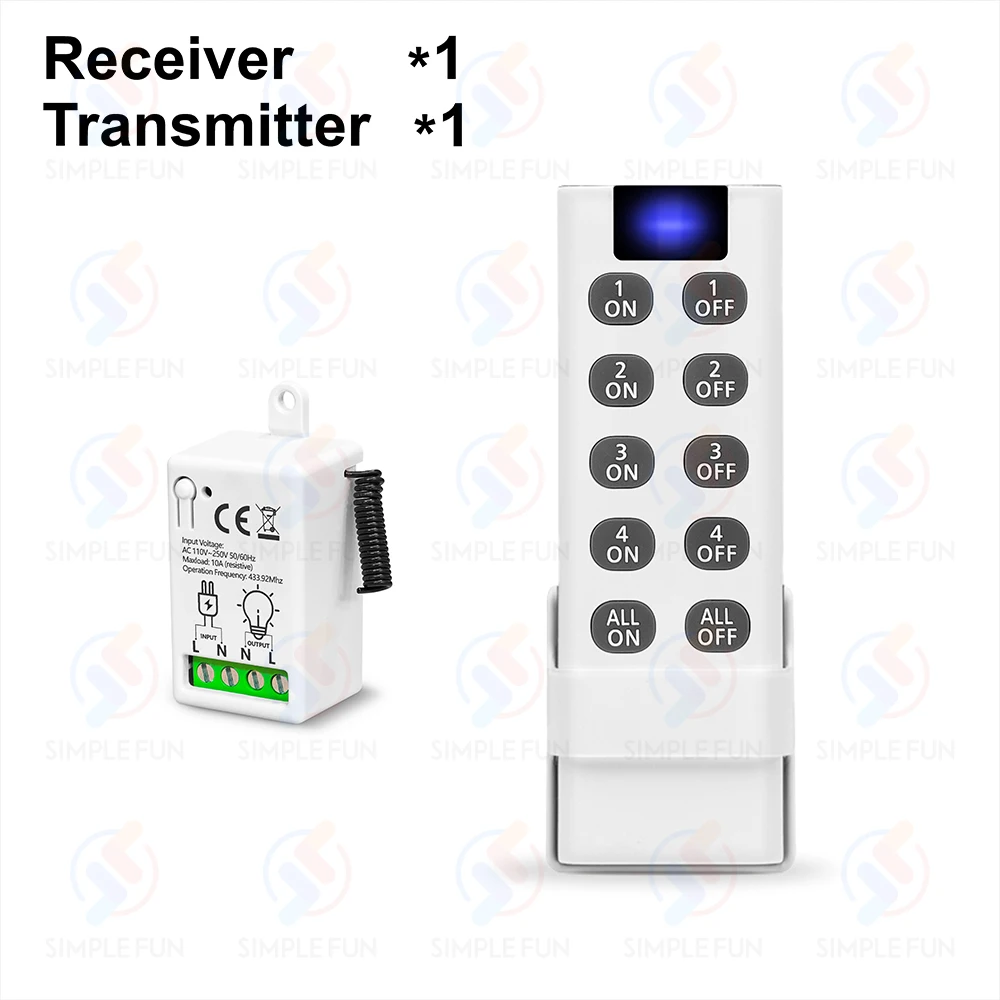433 MHz kabelloser Fernbedienungs-Lichtschalter, 110 V, 220 V, 230 V, 10 A, 4-in-1-Sender, ALLE EIN/AUS, Mini-Unterbrecher für Lampen-LED-Lüfter