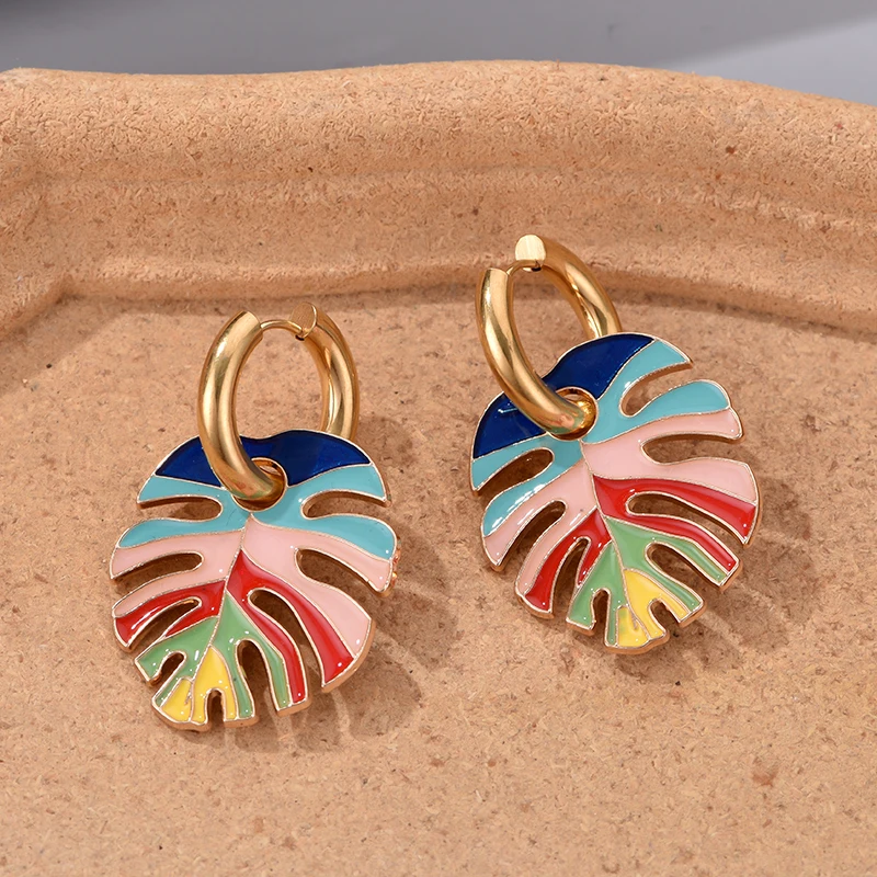 Heiße Bunte Große Blatt Anhänger Gold Farbe Edelstahl Ohrringe Für Frauen Schmuck Vintage Aussage Emaille Runde Creolen – Detail 12