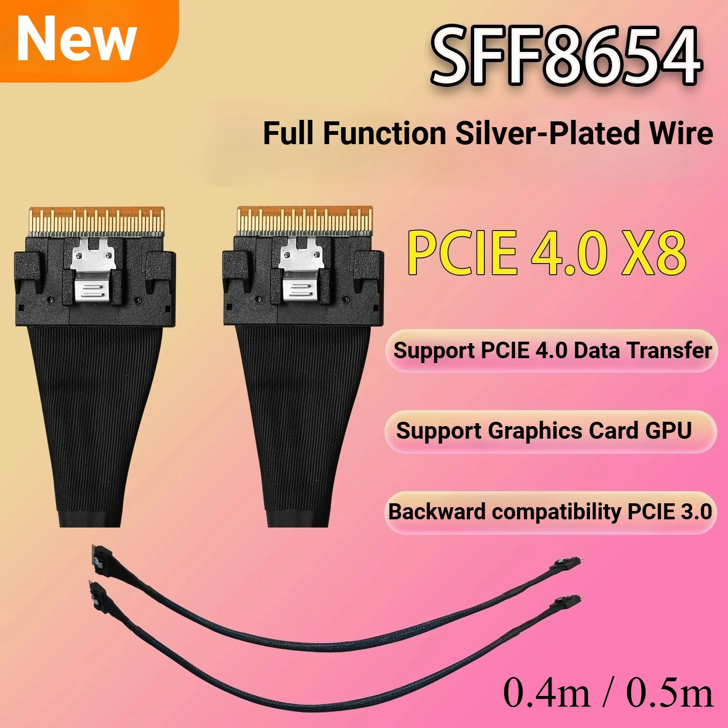 

PCIE 4.0 x8 посеребренный провод SFF-8654 Кабель передачи данных «папа-папа» Slimsas 8X SFF8654 X8 GEN4 SAS4.0 для видеокарты графического процессора