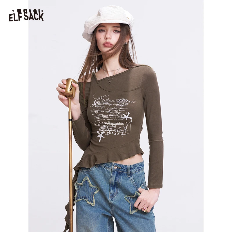 

ELFSACK Irregular Streamer Hem Diagonal Collar Long Sleeve T-Shirt Cinched Waist Slim Y2K Top for Women