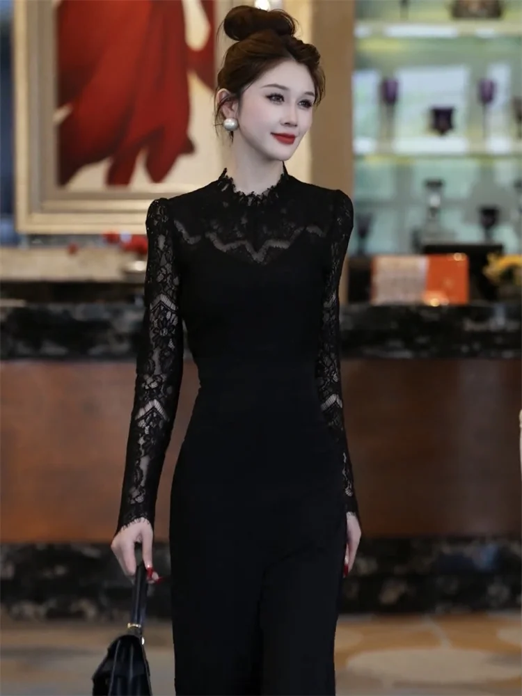 Simple Lace Patchwork Jumpsuit Trendy High Waist Long Pants Women's Faionable Street Sle Early Spring New Arrival