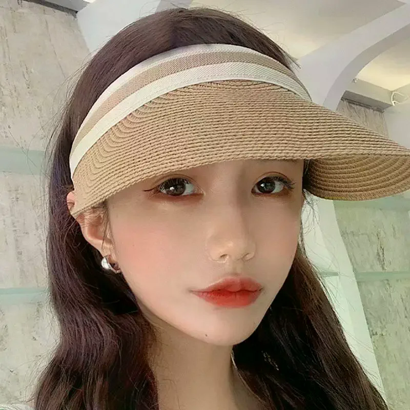 New Summer Raffia Straw Sun Protection Hat Open Top Straw Hat Striped Versatile UV Protection Women's Casual Baseball Cap