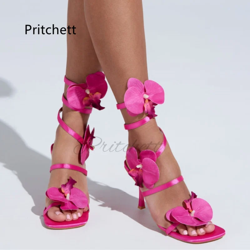 Rosy Red Satin Flowers Sandals for Women Open Toe Stiletto High Heels Summer Shoes Sweet Elegant Evening Party Wedding Shoes