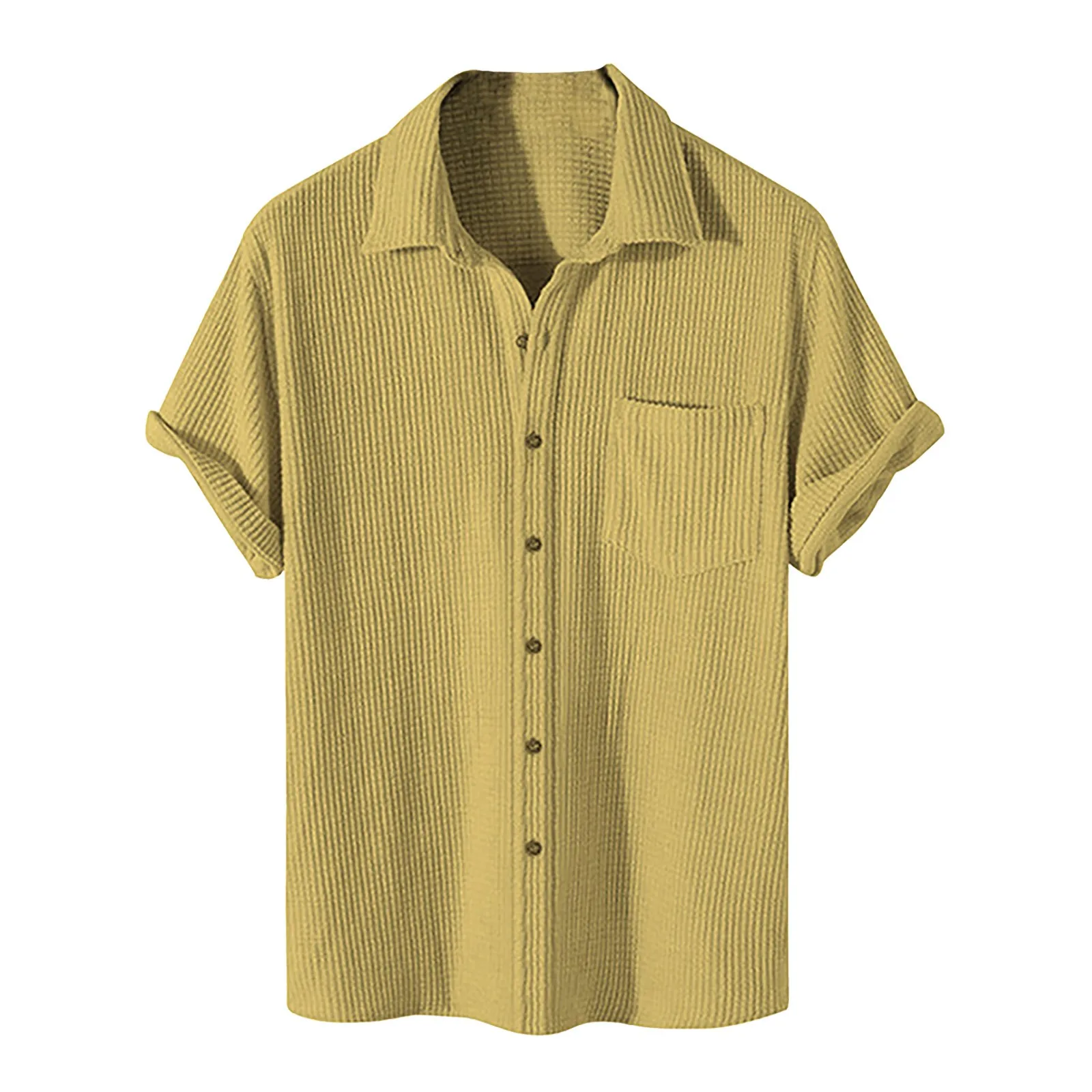 Kaus serbaguna kasual Pria Atasan wafel lengan pendek baru musim semi kemeja bergaris kerah Single-Breasted warna polos atasan dasar harian