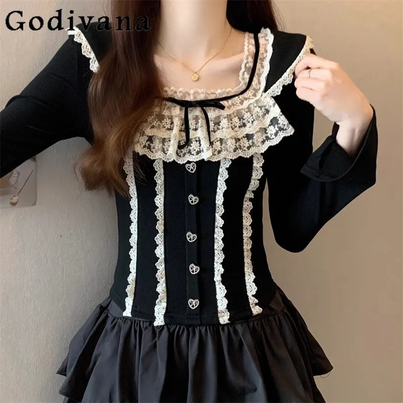 

Lolita French Lace Slim Bottoming T-shirt Autumn Winter Large Size Girl Temperament Square Neck Long Sleeve Versatile Korean Top