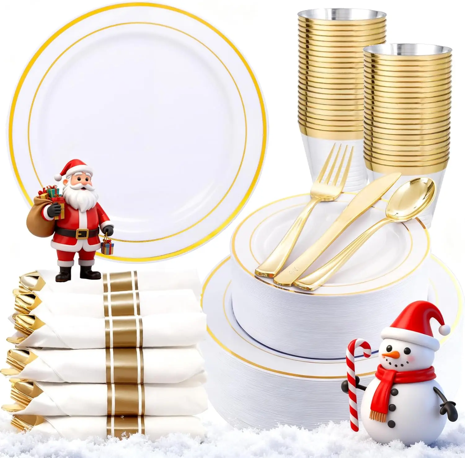 

Gold Plastic Dinnerware Set for 50 Guests - Includes Plates, Cutlery, Napkins for Christmas Parties