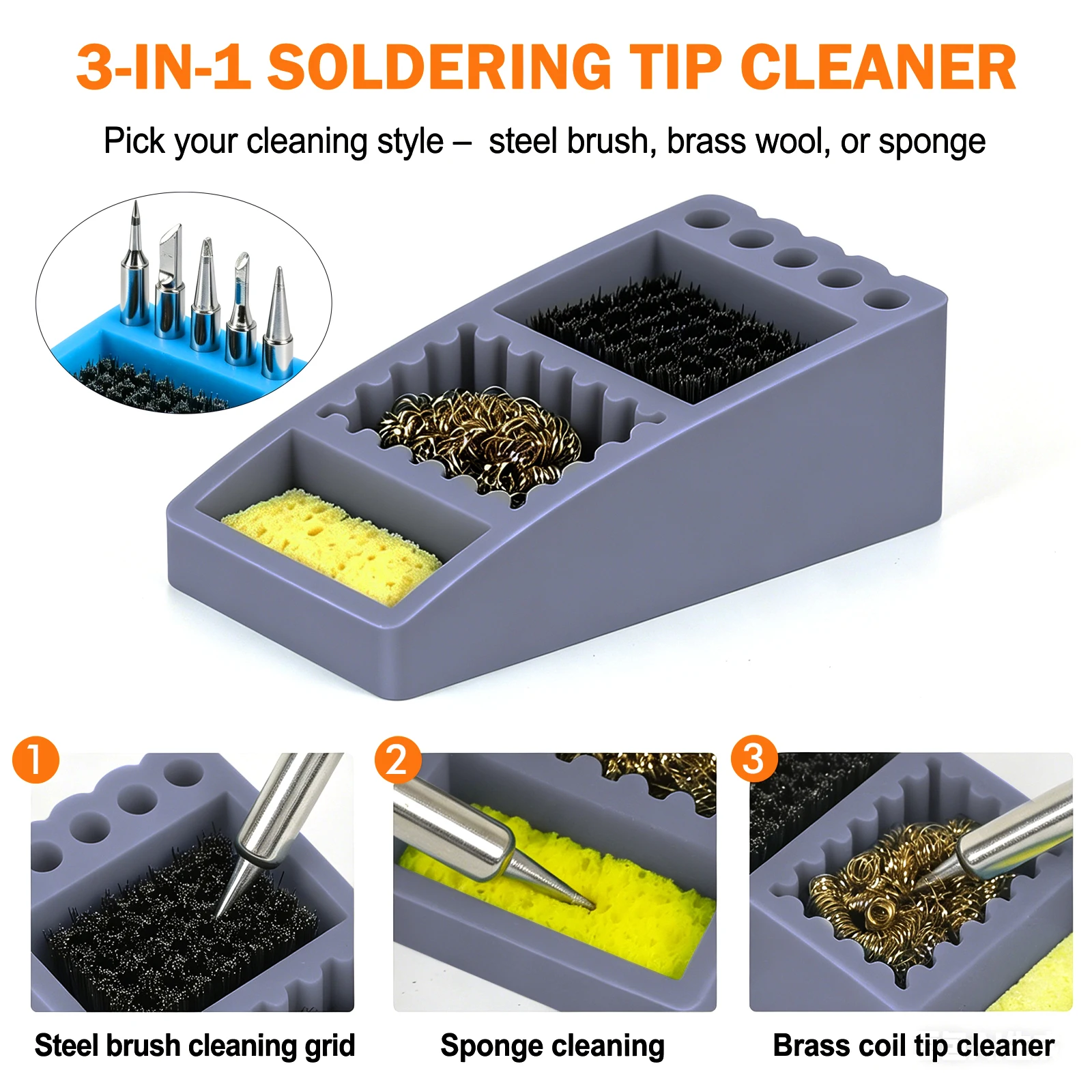 Soldering Iron Tip Cleaning Steel Brush Sponge Copper Wire 3 Clean Modes for Soldering, Electronics Repair & DIY Projects