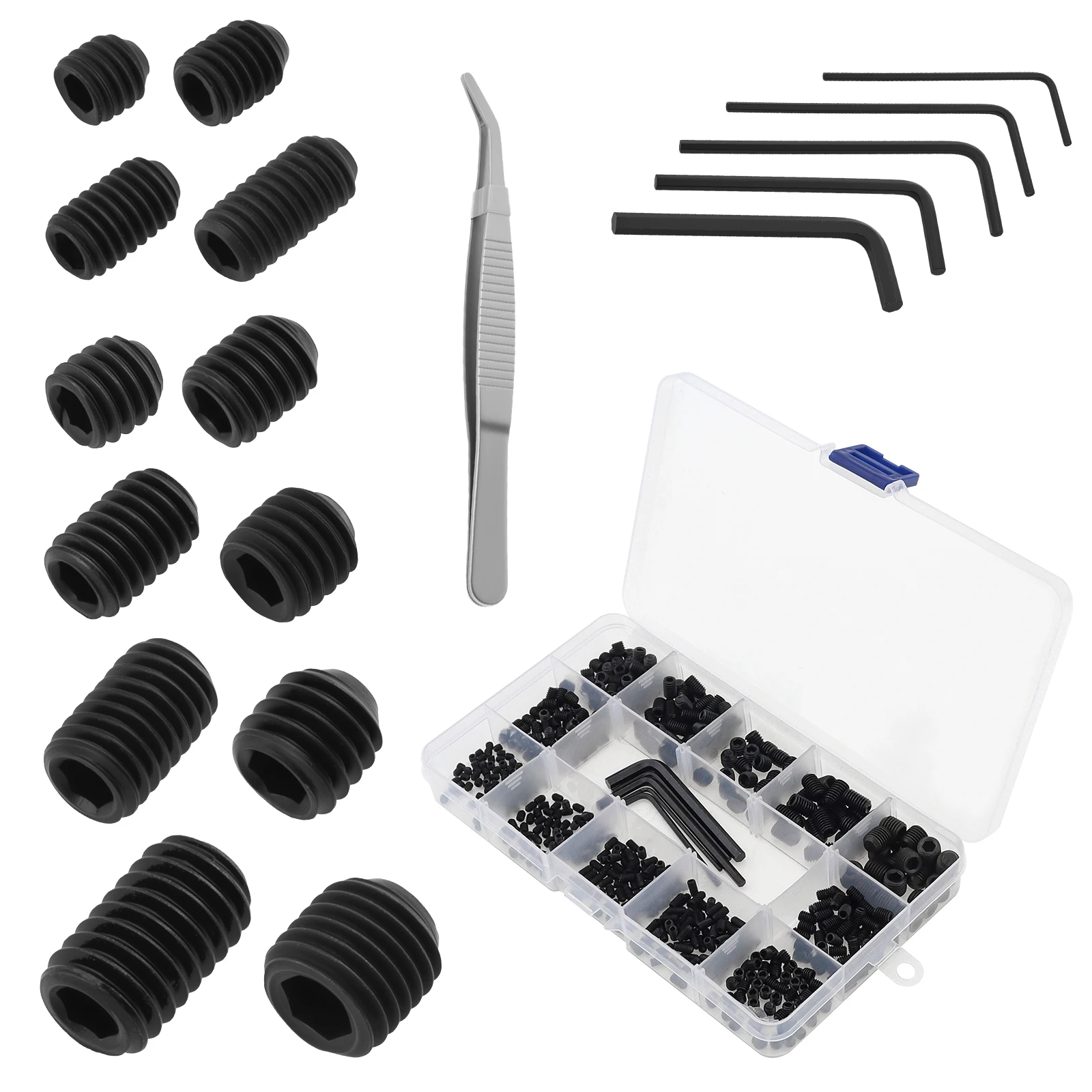 530 Pcs Hex Socket Set Grub Screw Bolt Assortment Kit with Hex Wrench Tweezers 12 Sizes M3 M4 M5 M6 M8 Alloy Steel Grub Screws