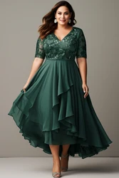 Flycurvy Plus Size Mother Of The Bride Gray Green Lace Irregular Hem Overlay Tea-length Dress Gray Green/3XL/18