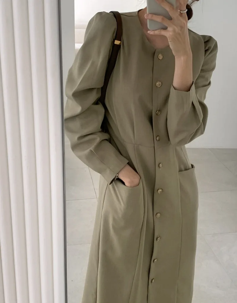 New Korean Fashion Autumn Dress Women Temperament Puff Long Sleeve O-neck Single Breasted Slim Dresses Office Lady Vestidos Robe