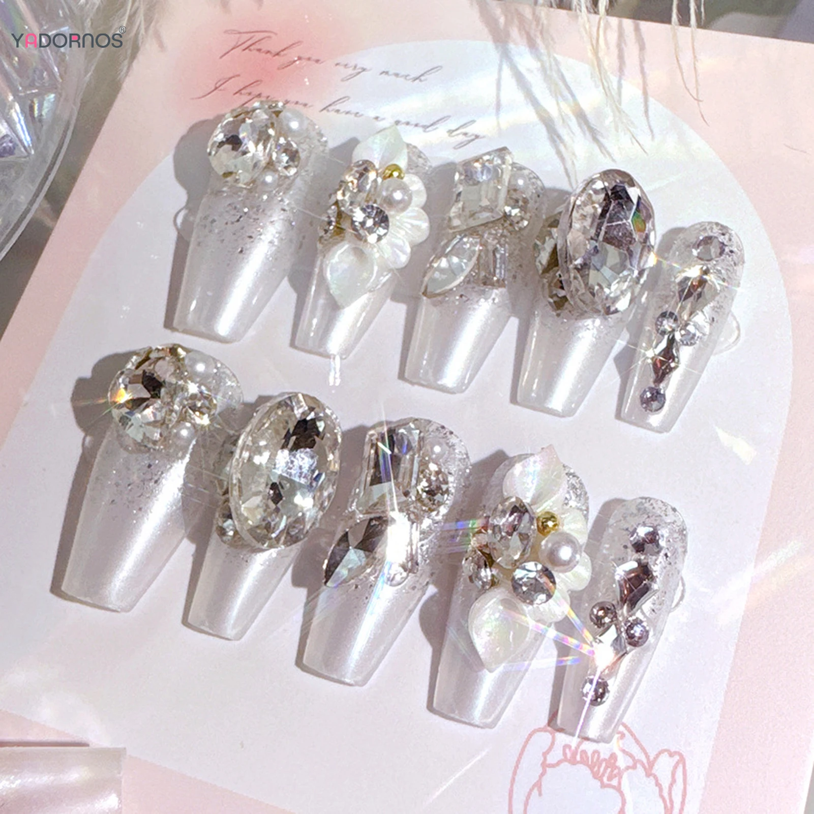 White Press on Nails Shiny 3D Diamond Designs Long Ballerina Fake Nails Woman Girls Wearable Manicure Wedding Nails Tips 24Pcs