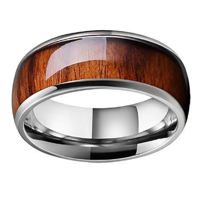 UilzStainless Steel Wood Grain Inlaid Rings For Men Retro Titanium Steel Atmospheric Ring Jewelry Boyfriend Gifts Accessories