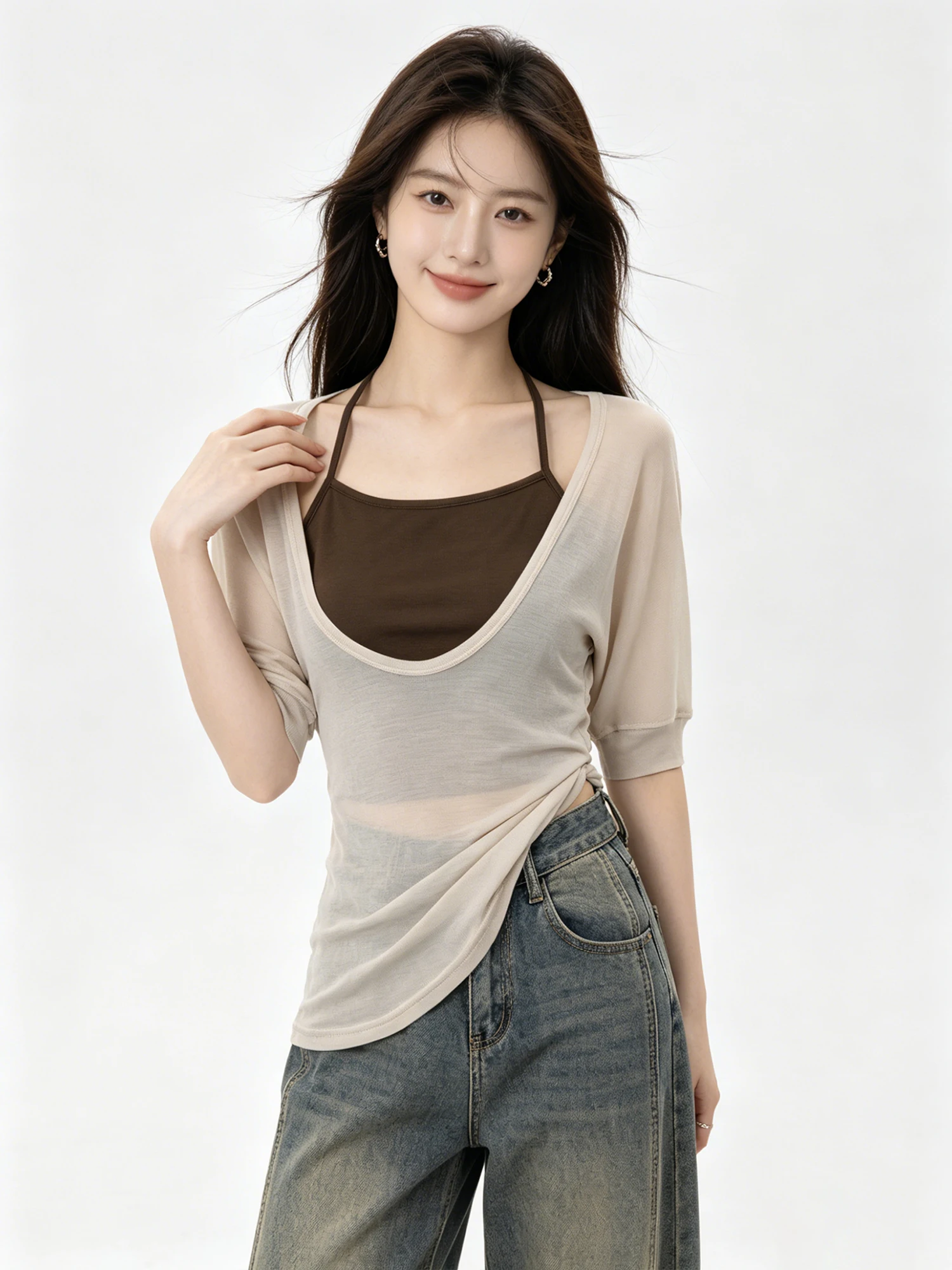 Stunning U-Neck Sun Protection Cover up Women's Summer 2026 New Exclusive Design Top And Bottom Set Korean Style Slim Fit