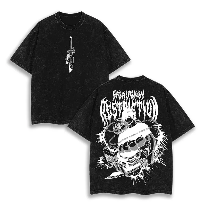 Hot Selling Anime Spell Battle Pattern Printed Washed T-shirt for All Seasons, Suitable for Both Men and Women, Casual T-shirt