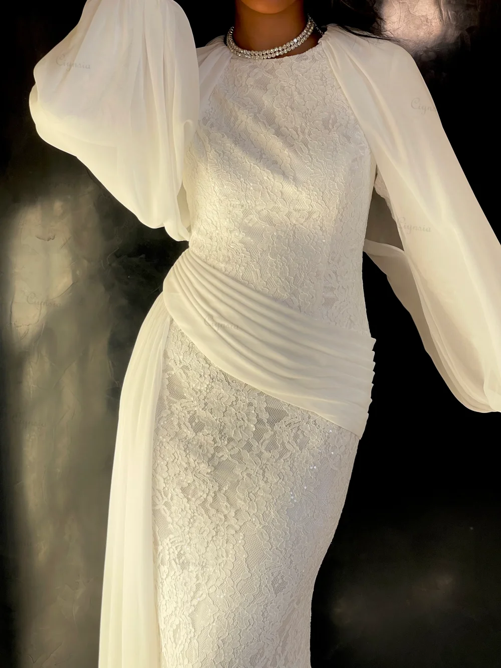 Ciynsia Customized White Muslim Lace Evening Dresses Mermaid Saudi Arabia Full Sleeves Formal Dress 2026  Robe De Soirée