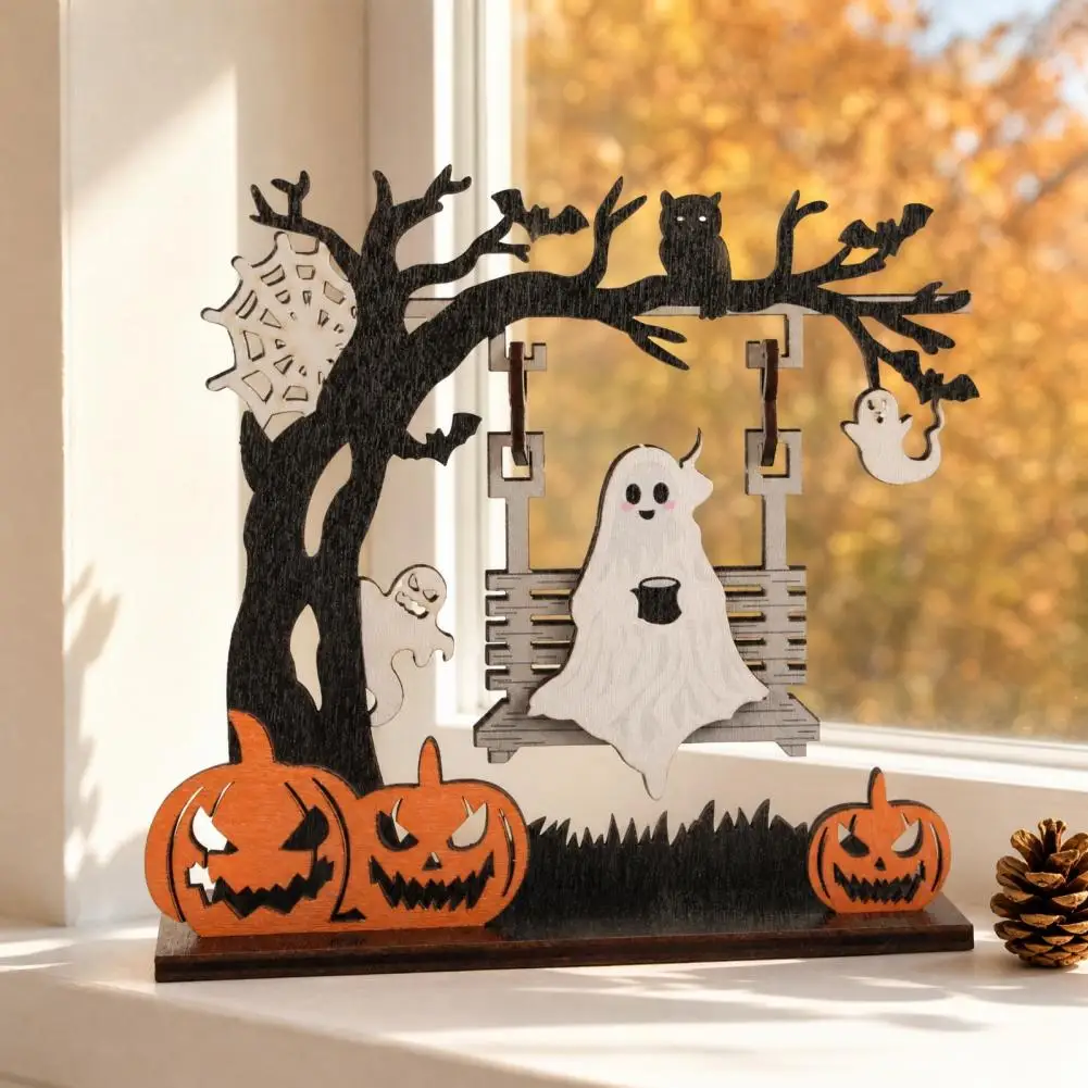 Fade Resistant Halloween Decoration Desktop Halloween Decor Halloween Wooden Table Decor Set 3d Printed Skull Pumpkin for Party