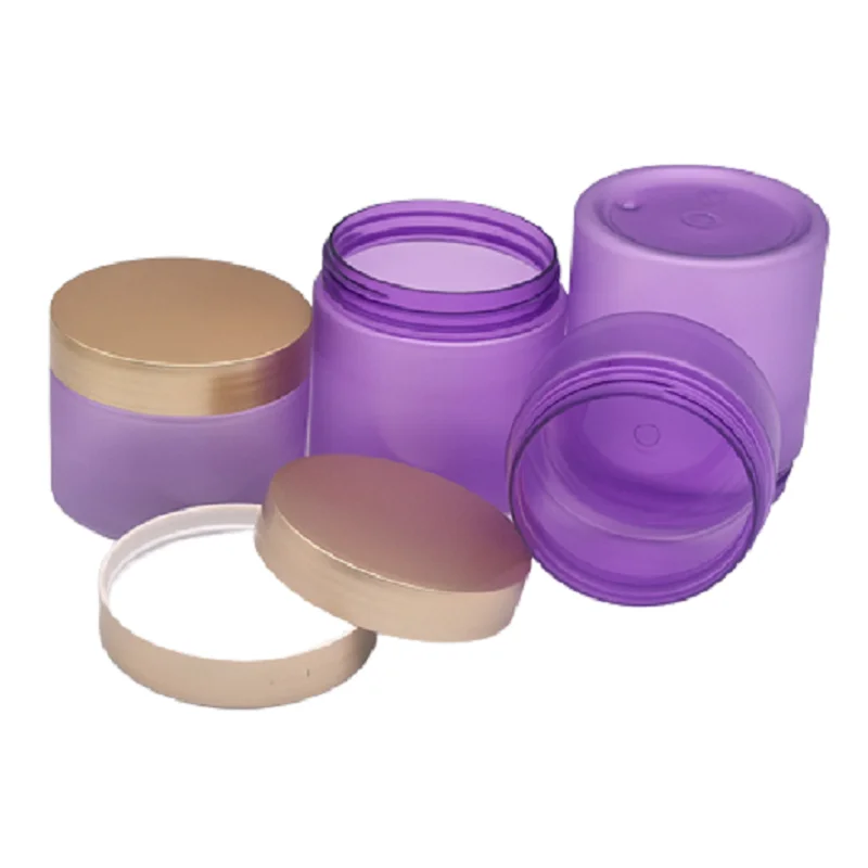 Empty Cosmetic Cream Jar Purple Frosted Face Facial Mask Pot Body Scrub 100/120/150/200/250g PET Plastic Jar with Gold Lid 20pcs