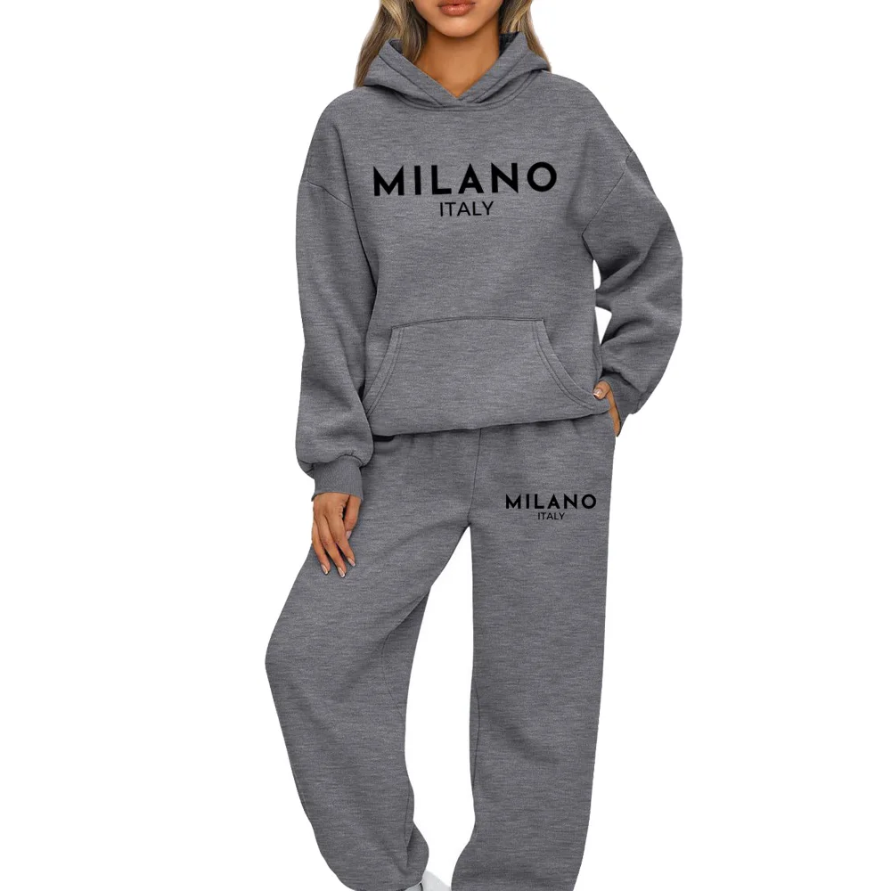 2 Piece Set Women Outfit MILANO Letter Print High Neck Hoodies Sweatshirt Pants Tracksuit 2022 Plus Size Streetwear Casual Suit