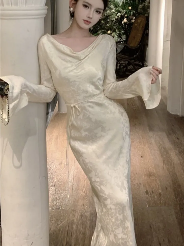 Robe de Soirée de Mariage pour Femme, Manches Évasées, Col Osccorporelle, Vintage Français, Bal, Midi, Éducatif, Nouvelle Collection Automne