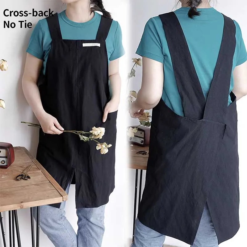 Kitchen Washable Cotton Linen Cross Back Apron with Pockets Women Men\'s Long Split No-ties Pinafore for Cooking Cleaning Baking